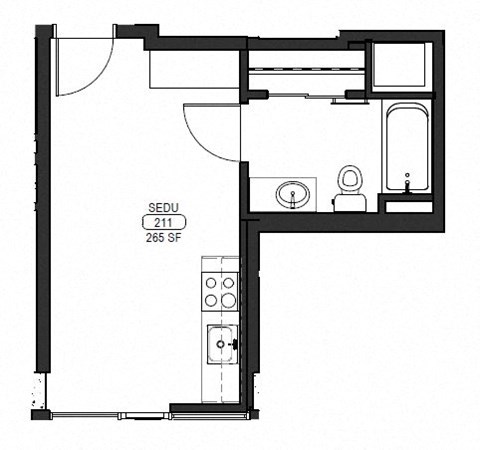Floor plan for studio, 1 bath, 265 sqft
